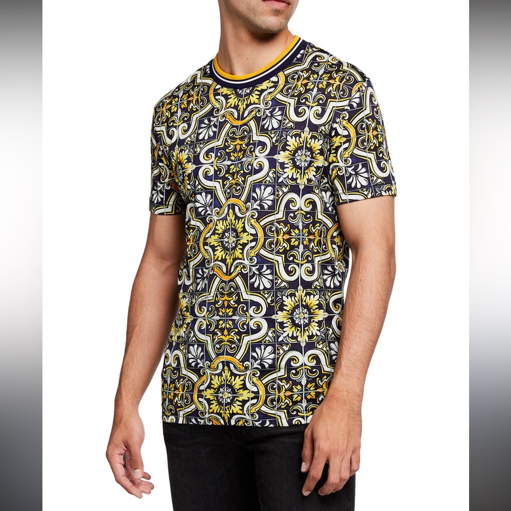 Dolce & Gabbana Majolica Tile Print T-Shirt Navy Yellow White Cotton Italy 58